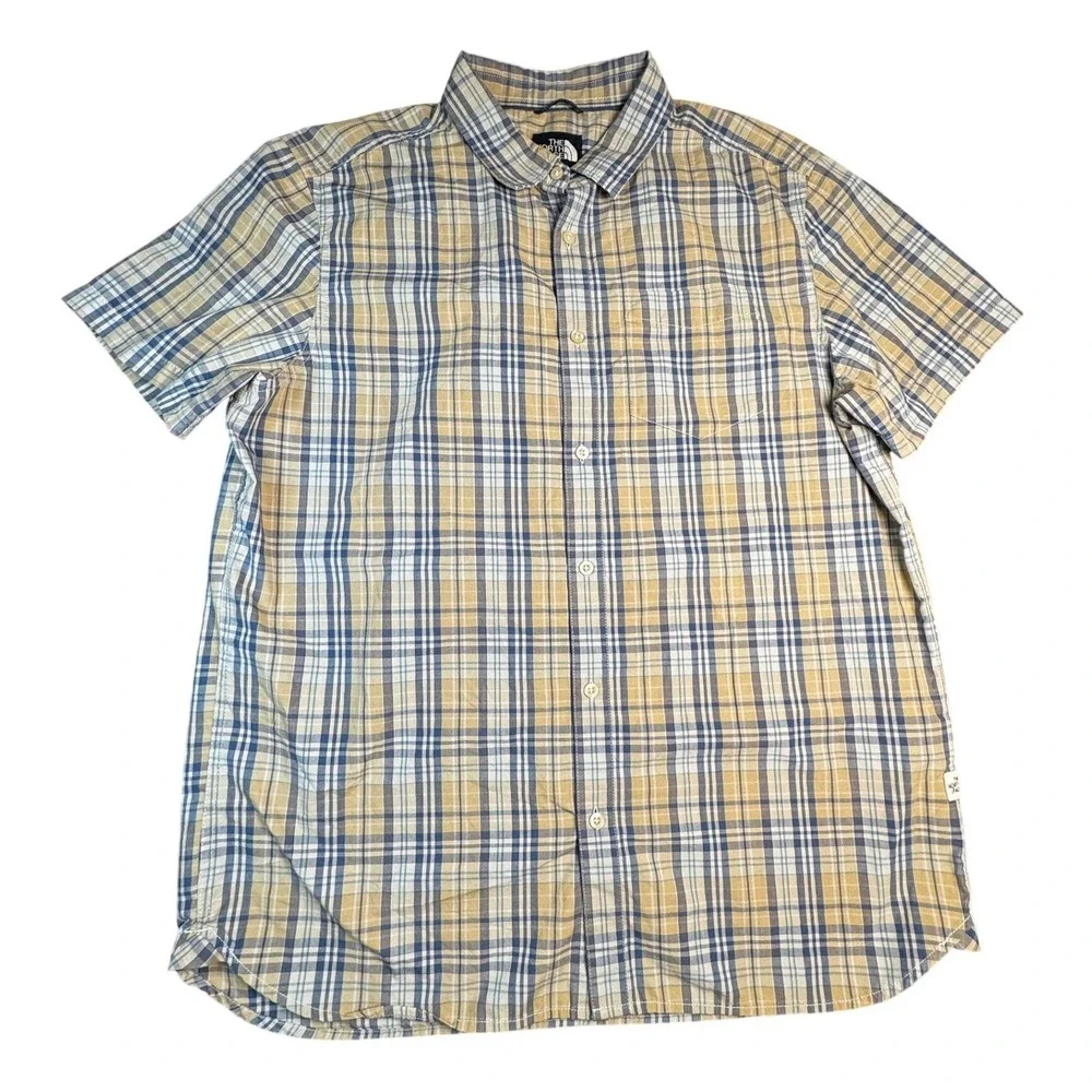 North‎ Face Men's XL Plaid Short Sleeve Button Front Shirt Blue Tan Cotton Blend